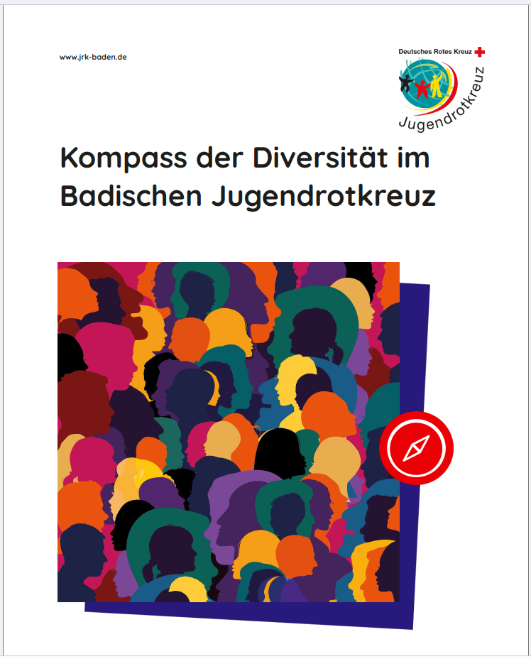 Deckblatt der Broschüre "Kompass der Diversität im Badischen Jugendrotkreuz", welches viele verschiedene Köpfe in verschiedenen Farben übereinander als Bild zeigt.